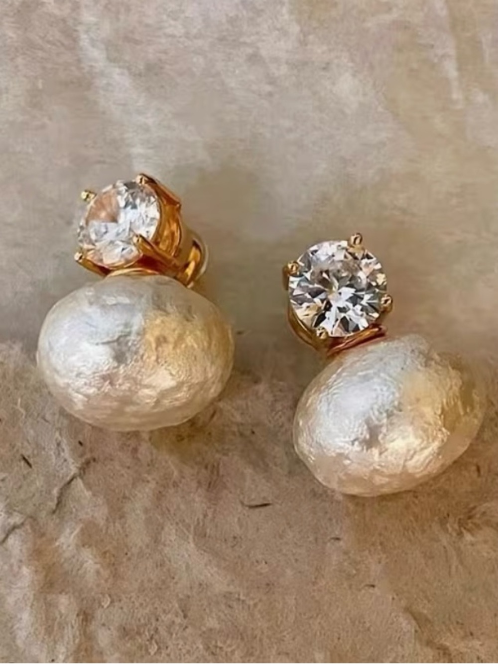 💕 Unique Gold Pearl Drop Stud Earrings with Clear CZ 2 CT Stone 💕